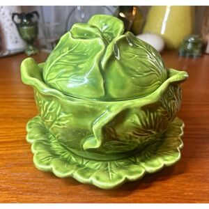 Vintage Holland Mold Green Leaf Ceramic Lidded Bowl w/ Matching Plate (3pc Set)